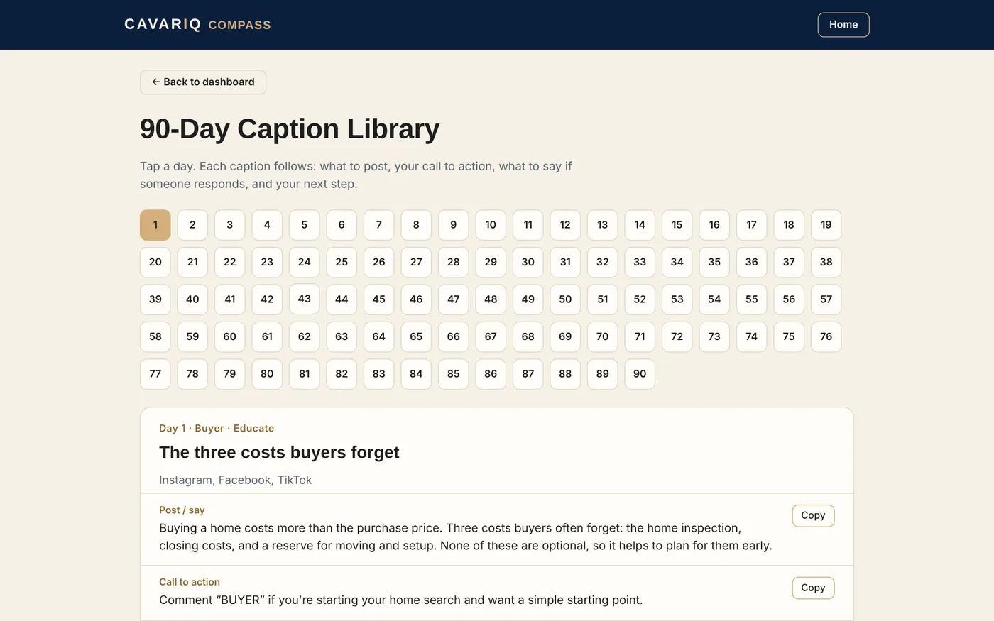 90-Day Caption Library, with one-tap copy.